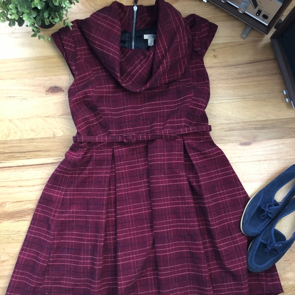 Plaid cowl neck dress, fully lined.